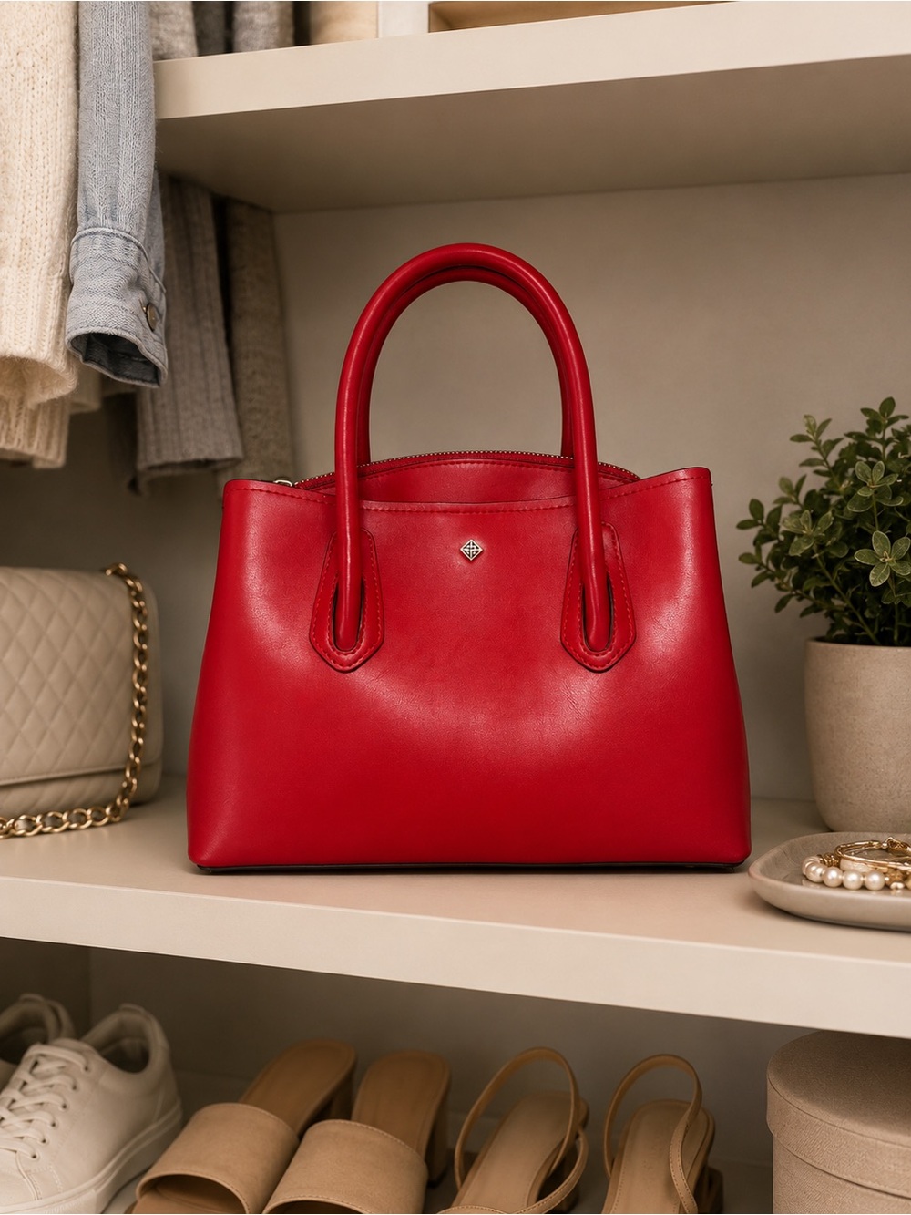 Antonio Melani Red Leather Structured Satchel Handbag